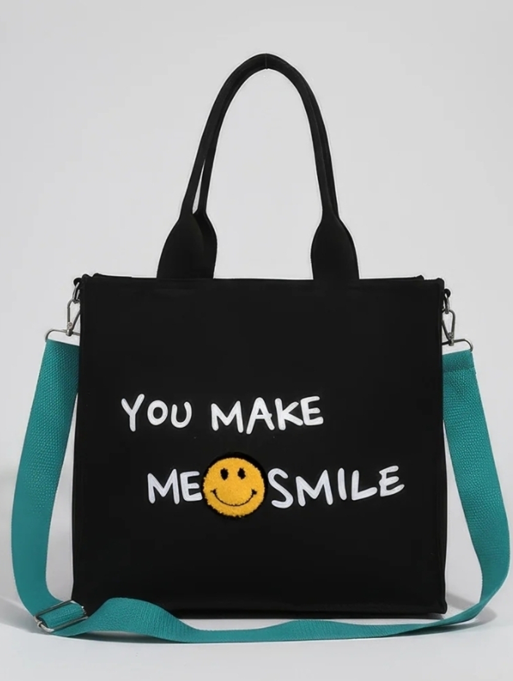 Black 'You Make Me Smile' Tote Bag with Teal Strap